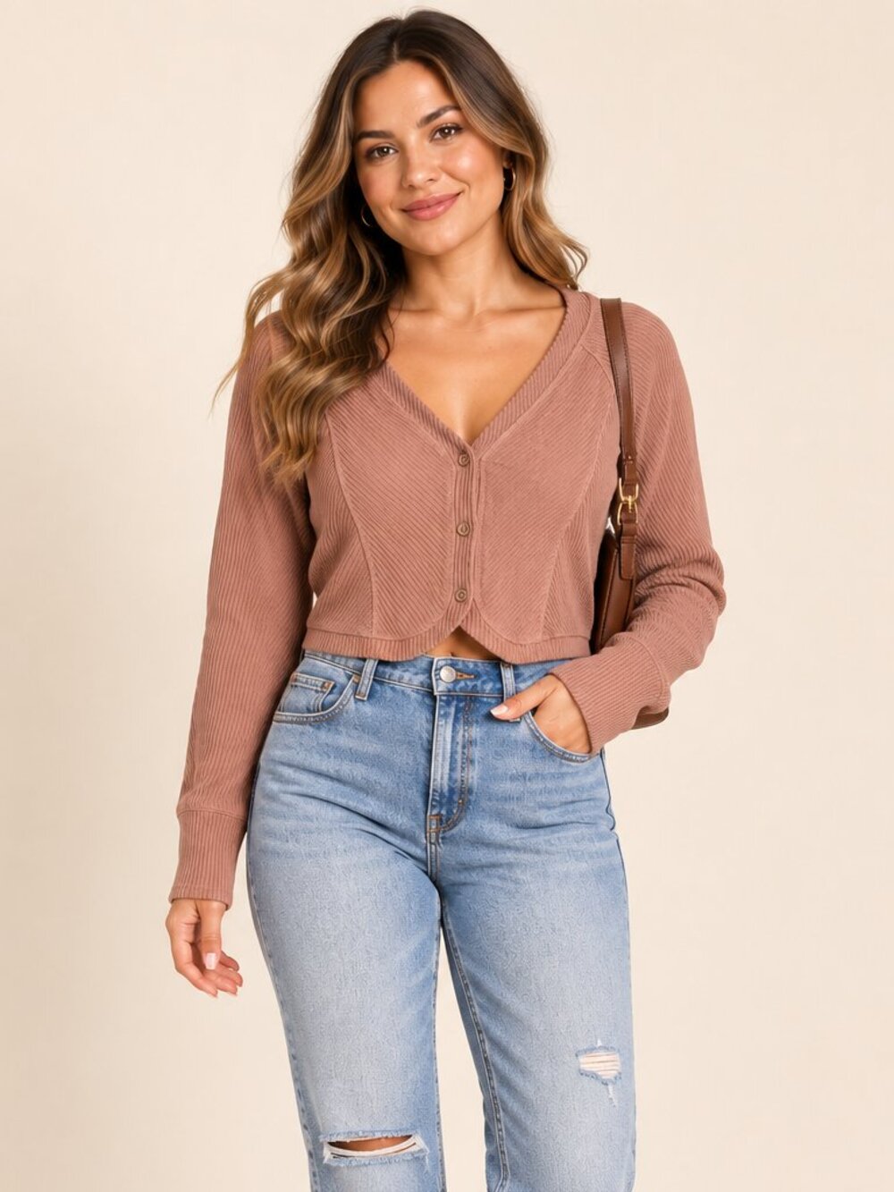 A180 • Toffee Brown Ribbed Tulip Hem Cropped Cardigan